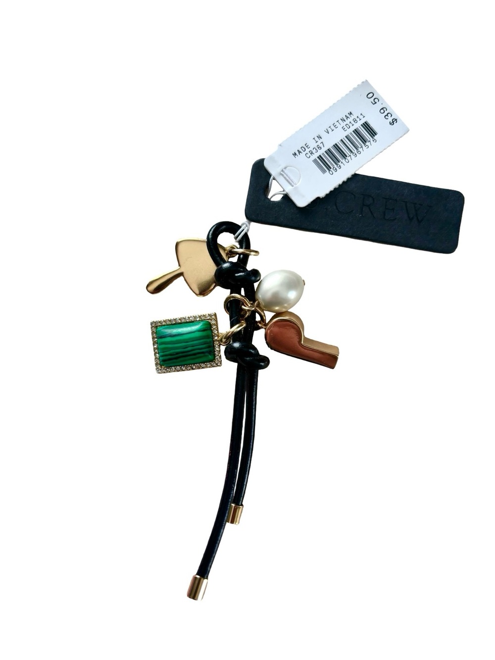 J. Crew Black Leather Key Charm with Green, Turquoise, Pearl & Gold Accents